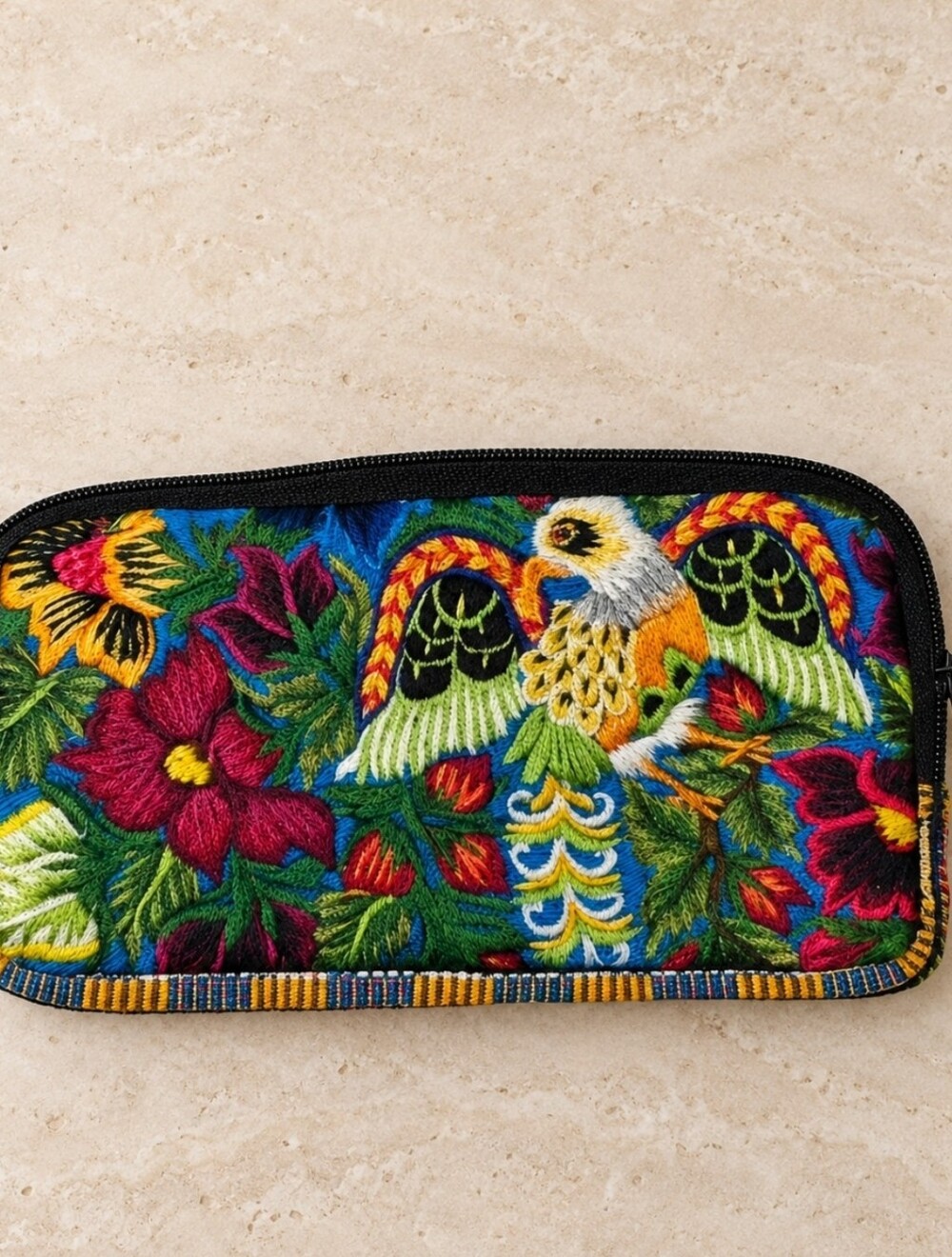 Handmade Colorful Bird & Floral Zip Wristlet Pouch
